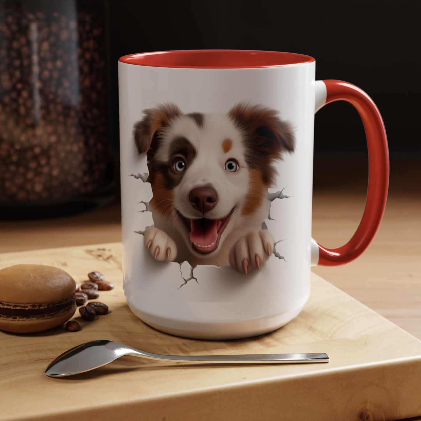 Australian Shepherd Peeking Coffee Mug — Cute Puppy Accent Mug (11/15oz)