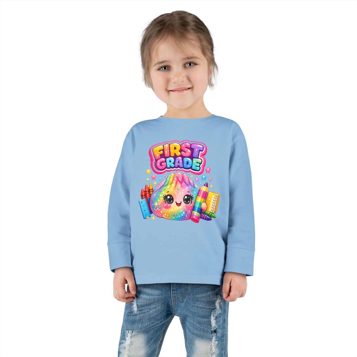 First Grade Toddler Long Sleeve Tee — Colorful Back-to-School Rainbow Crayon Design