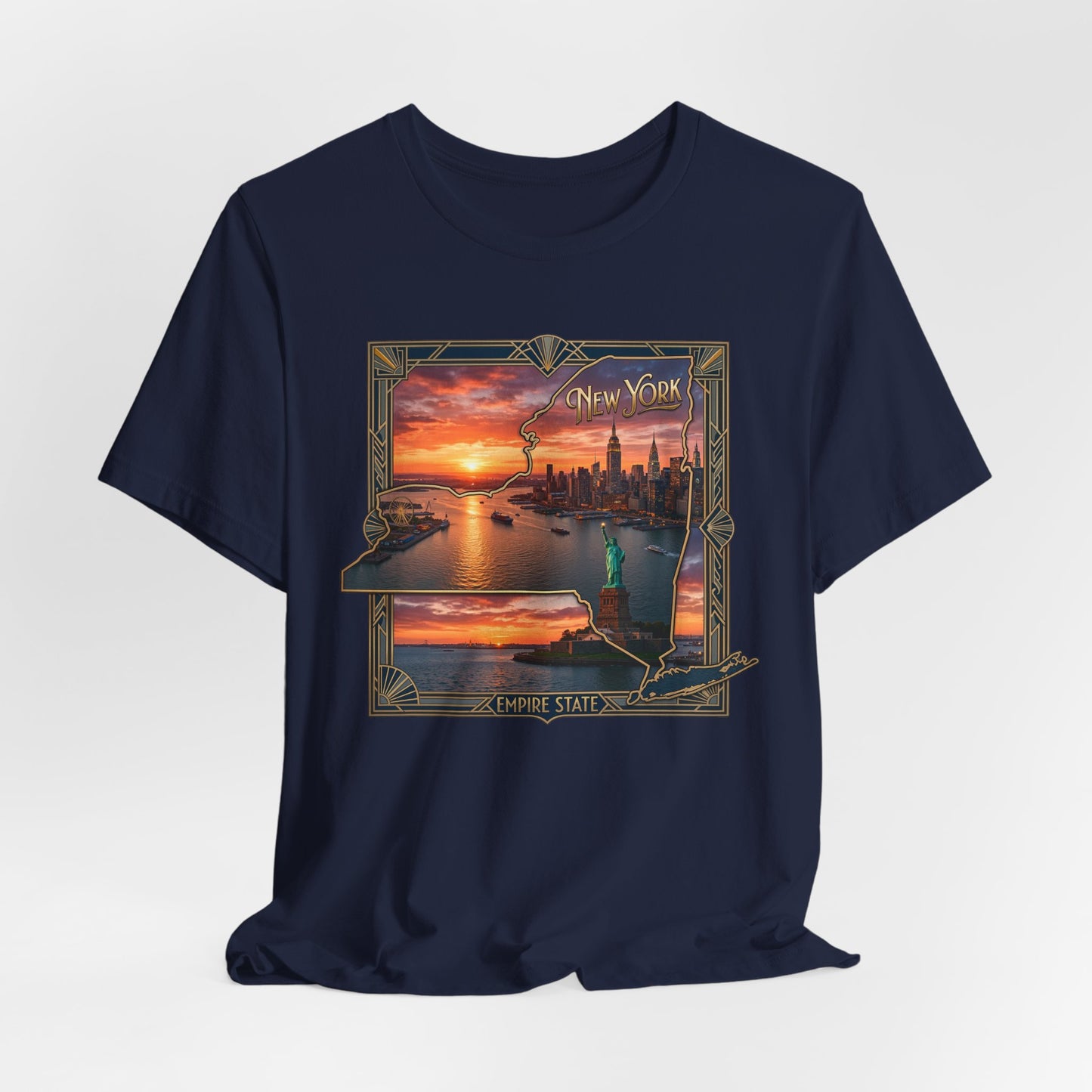 New York Sunset Skyline Tee — Statue of Liberty Vintage Travel T‑Shirt