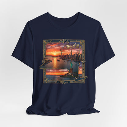 New York Sunset Skyline Tee — Statue of Liberty Vintage Travel T‑Shirt