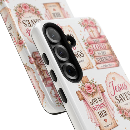 Christian Phone Case — Jesus Saves Floral Tough Case with 'God Is Within Her' & 'Trust God' Design