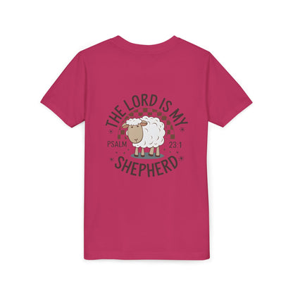 Youth Tee — "The Lord Is My Shepherd" Psalm 23:1 Christian Kids T‑Shirt (Sheep Design)