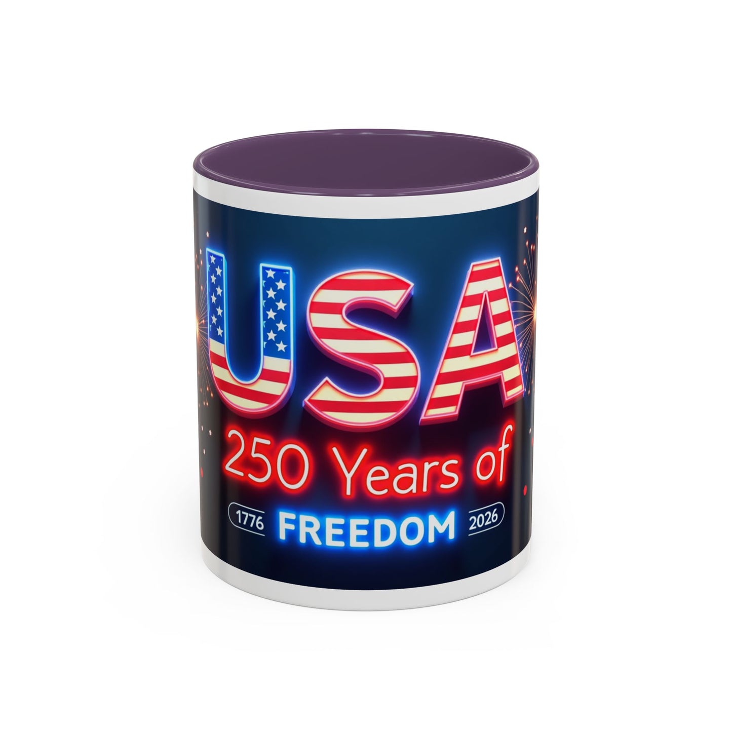 USA 250 Years of Freedom Accent Coffee Mug — Patriotic 1776–2026 Fireworks Design (11/15oz)