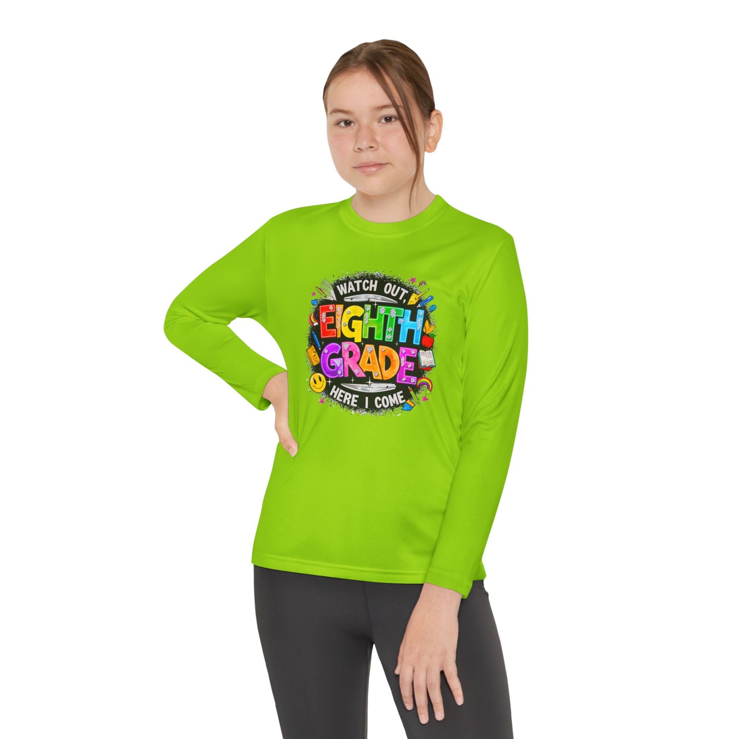 Eighth Grade Youth Long Sleeve Tee — “Watch Out Eighth Grade Here I Come” Back-to-School Shirt