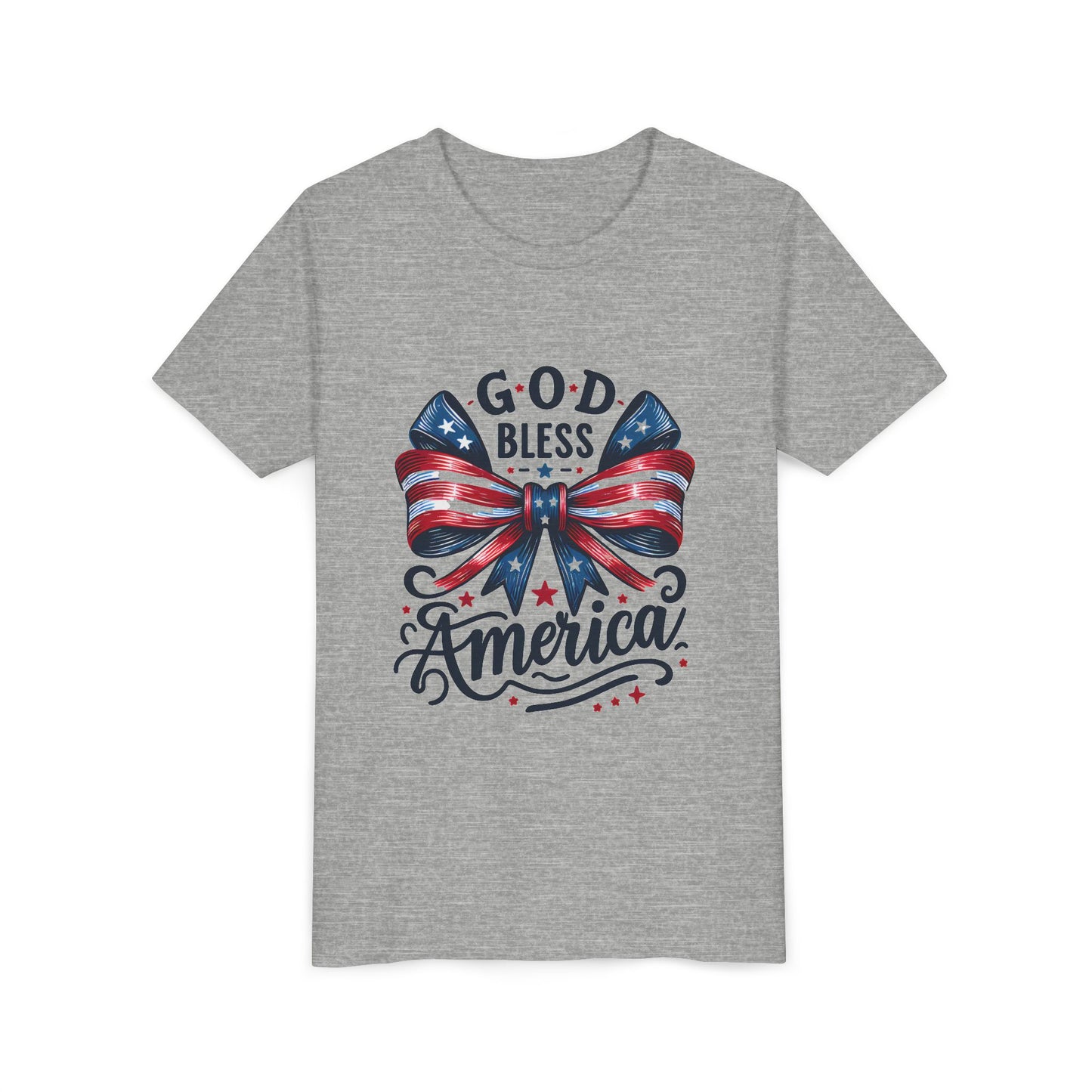 Youth Tee — "God Bless America" Patriotic Bow T-Shirt (4th of July, Memorial Day)
