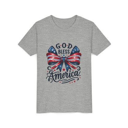 Youth Tee — "God Bless America" Patriotic Bow T-Shirt (4th of July, Memorial Day)