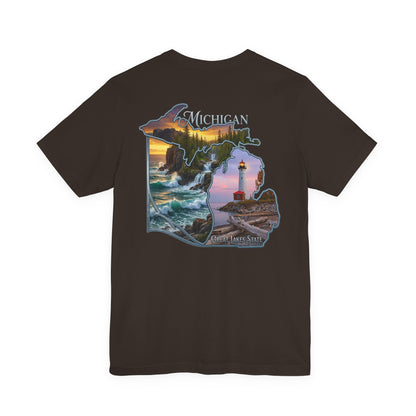 Michigan Scenic Map T-Shirt — Great Lakes Lighthouse Sunset Tee