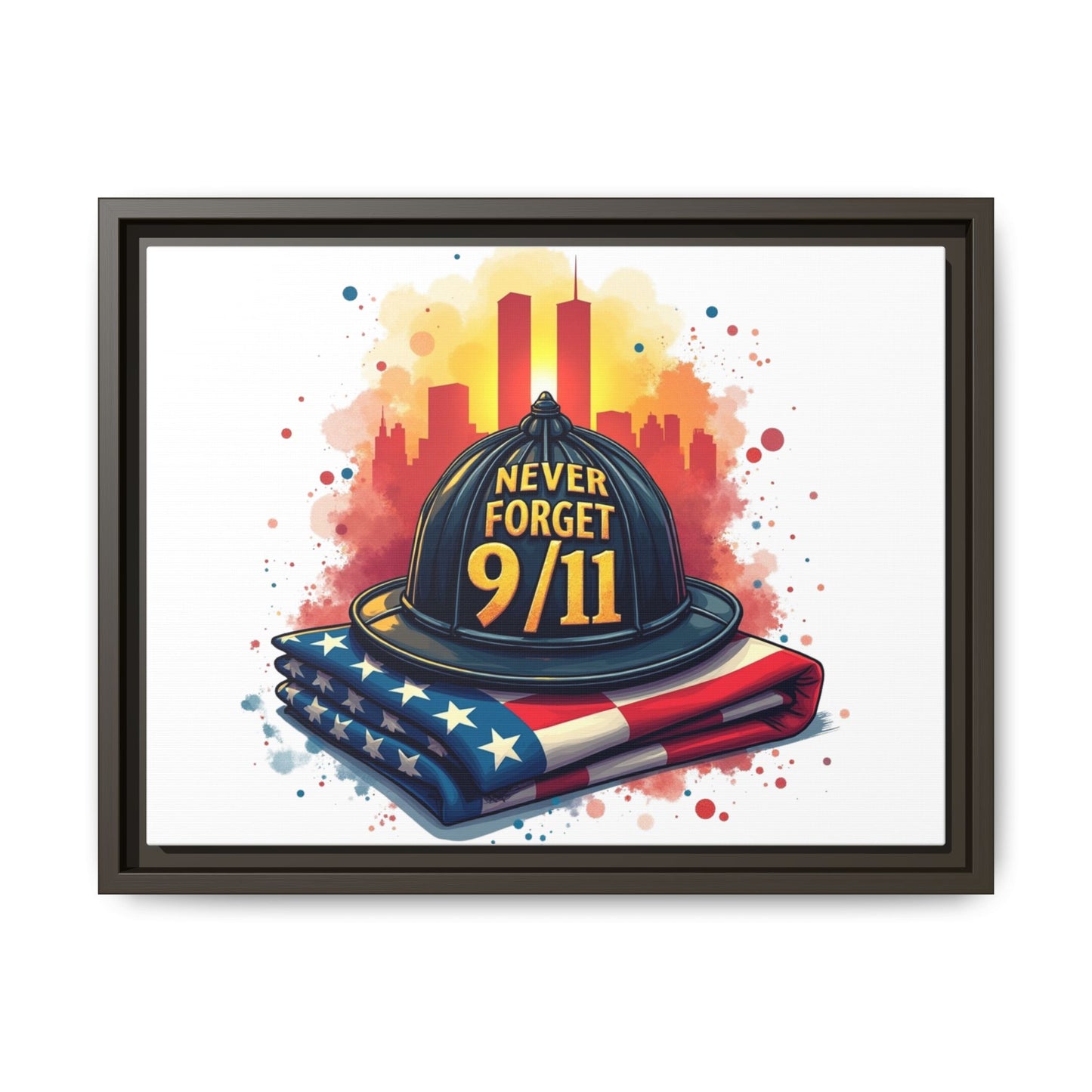 Never Forget 9/11 Framed Canvas Print — Firefighter Helmet & American Flag Memorial Art