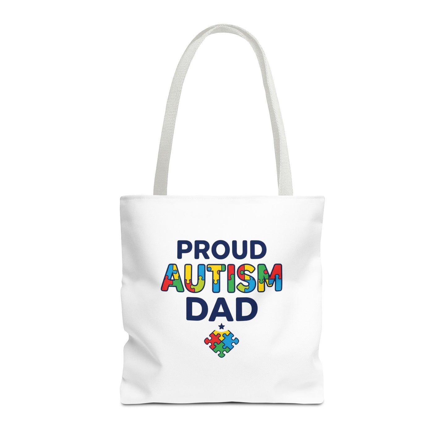 Proud Autism Dad Tote Bag — Colorful Puzzle-Heart Support Gift
