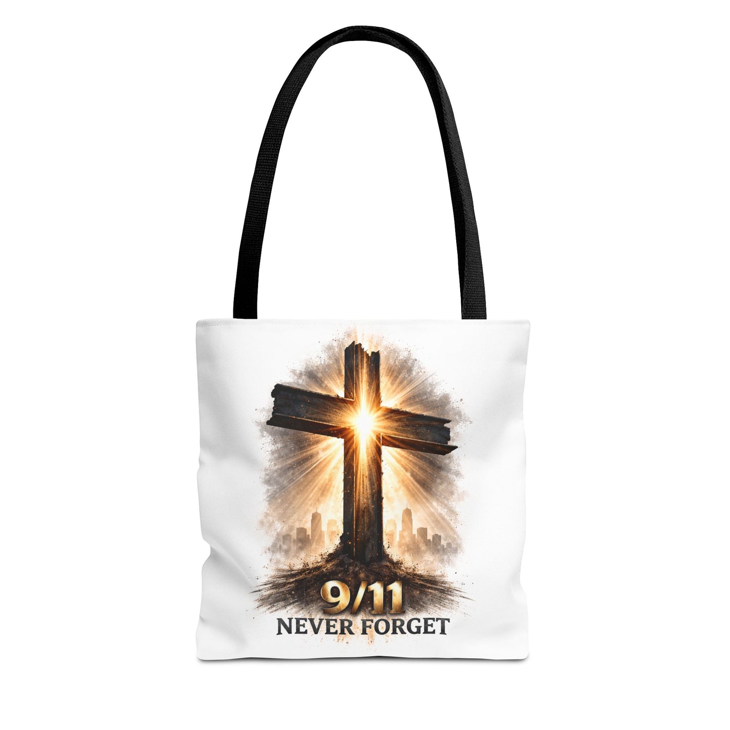 9/11 Never Forget Cross Memorial Tote Bag — Patriotic Remembrance Shopper