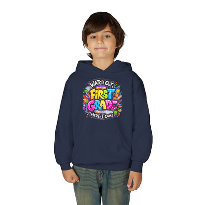 First Grade Hoodie – "Watch Out! First Grade Here I Come" Back-to-School Youth Sweatshirt