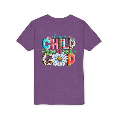 Youth Tee — "I Am a Child of God" Floral Christian Graphic