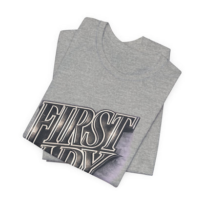 First Lady Graphic Tee — Retro Metallic Script Short Sleeve Shirt