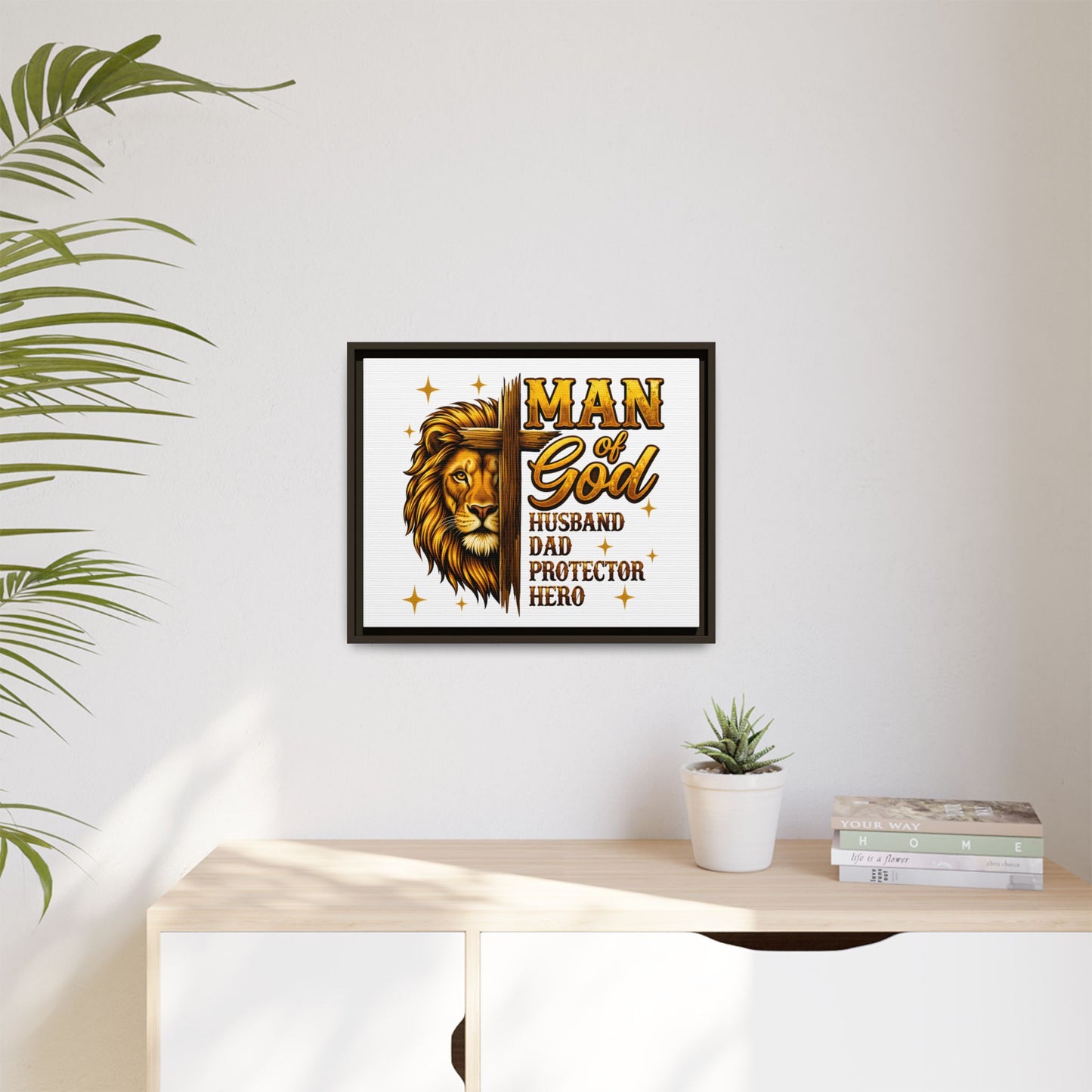 Man of God Framed Canvas Art — 'Man of God: Husband, Dad, Protector, Hero' Religious Wall Decor