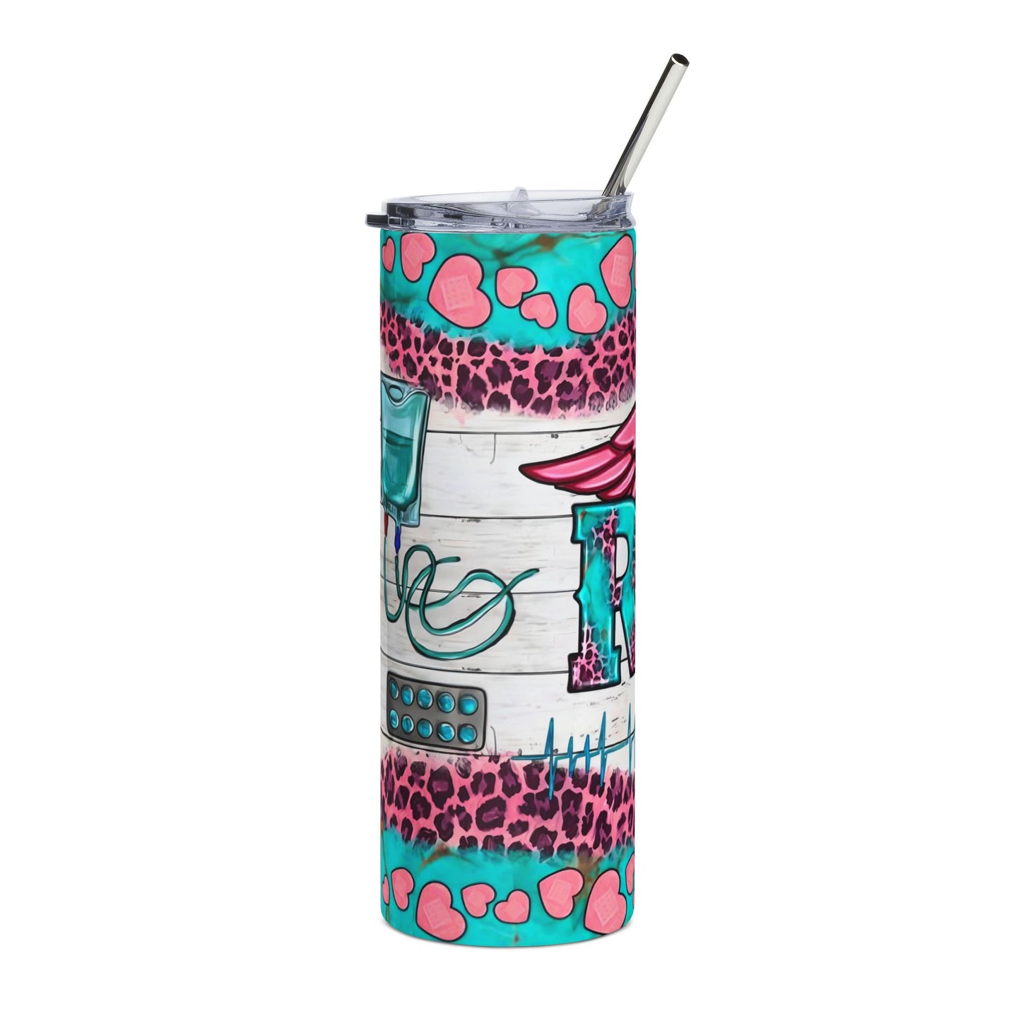 RN Caduceus Leopard Print 20oz Stainless Tumbler — Teal & Pink Nurse Gift