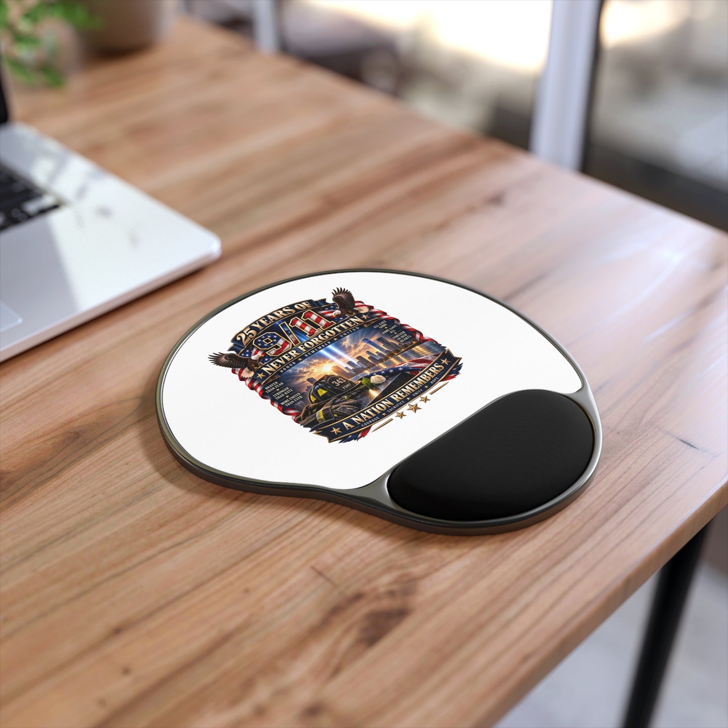 9/11 Memorial Mouse Pad with Wrist Rest — "25 Years of 9/11 Never Forgotten" Commemorative Desk Mat