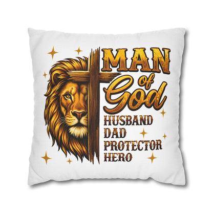 Christian Lion Cross Pillow — "Man of God" Husband Dad Protector Hero Throw Pillowcase