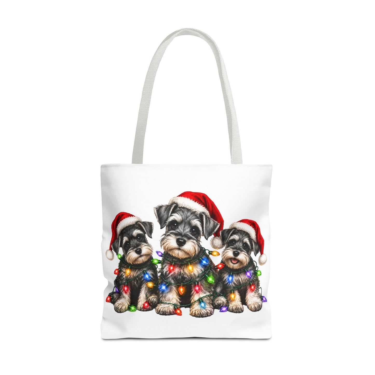 Christmas Schnauzer Tote Bag — Cute Puppies in Santa Hats & Holiday Lights