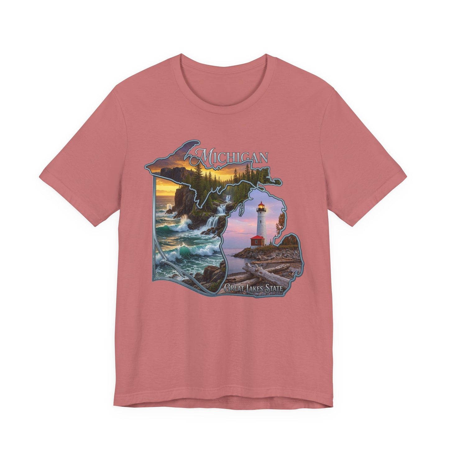 Michigan Scenic Map T-Shirt — Great Lakes Lighthouse Sunset Tee