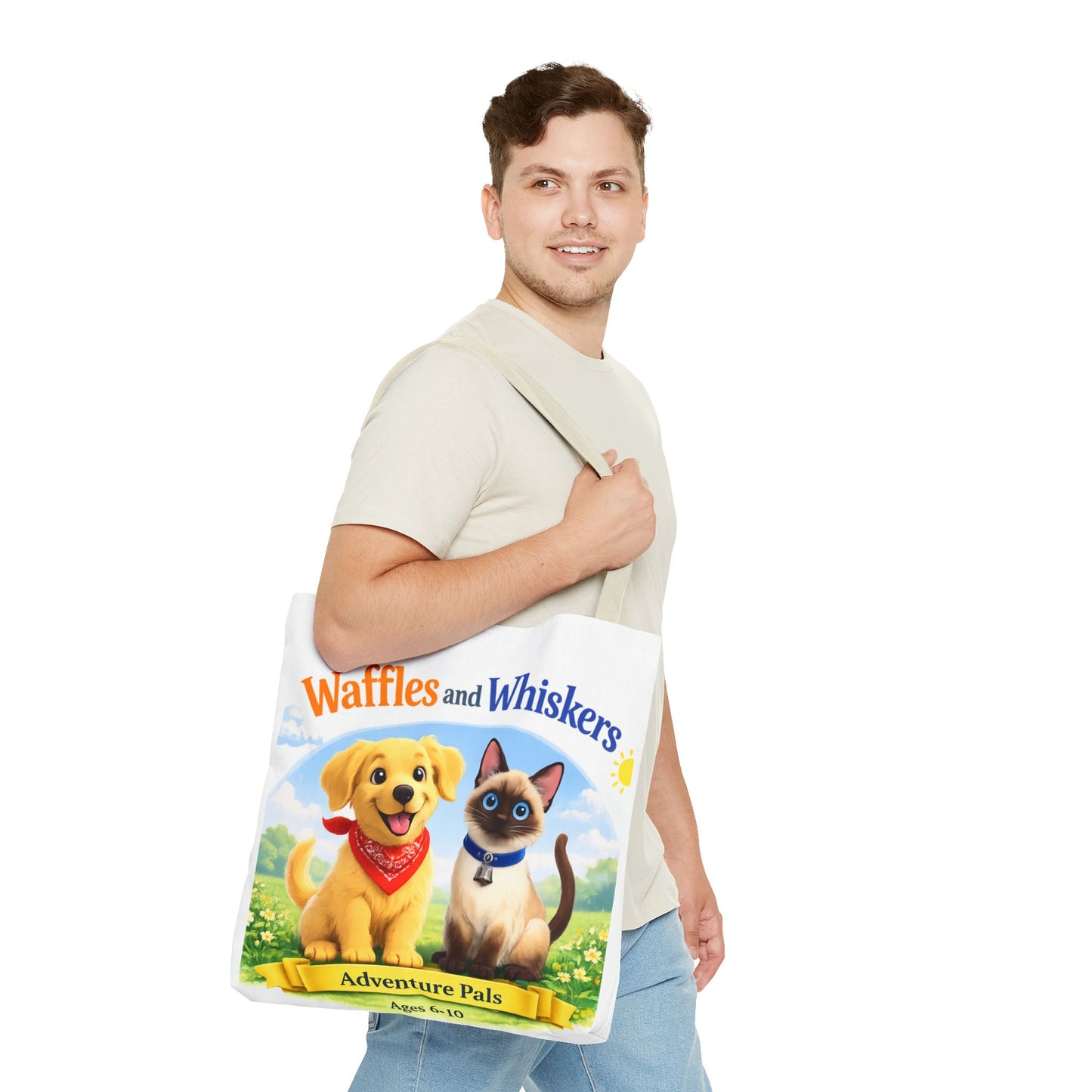 Waffles & Whiskers Adventure Pals Tote Bag — Cute Puppy and Kitten Kids Book Design