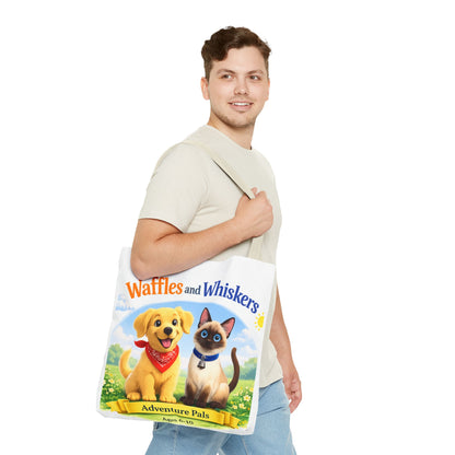 Waffles & Whiskers Adventure Pals Tote Bag — Cute Puppy and Kitten Kids Book Design