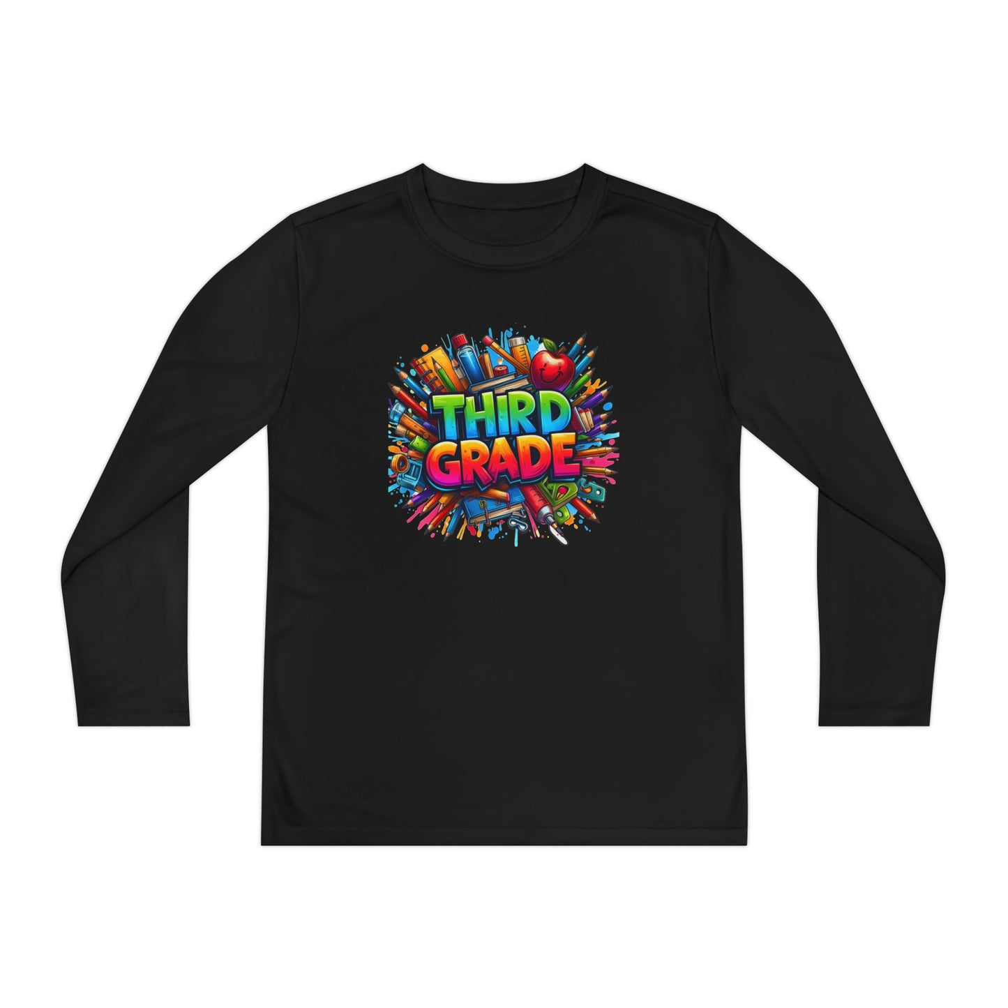 Third Grade Youth Long Sleeve Tee — Colorful School Supplies Design