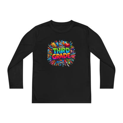 Third Grade Youth Long Sleeve Tee — Colorful School Supplies Design