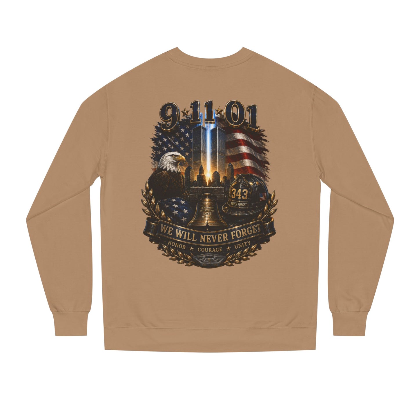 9/11 Remembrance Crewneck Sweatshirt — We Will Never Forget Memorial Tee