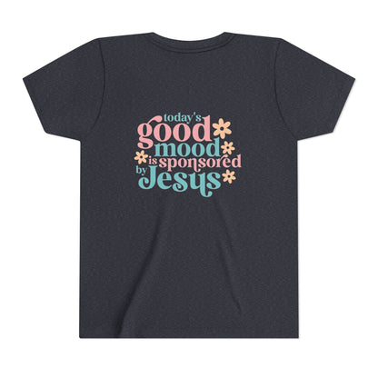 Youth Tee – "Today's Good Mood is Sponsored by Jesus" Retro Floral Christian Shirt