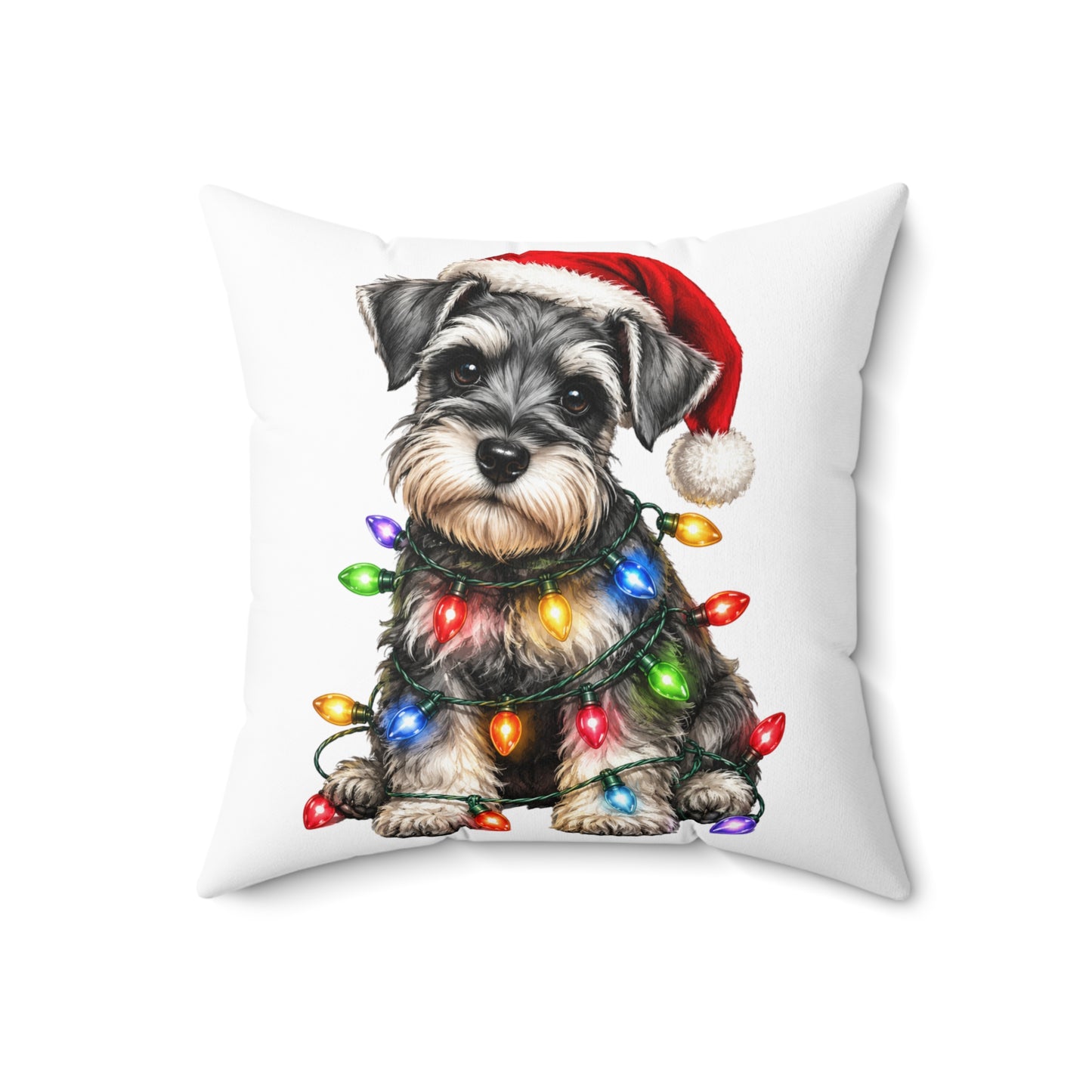 Schnauzer Puppy Christmas Pillow — Festive Dog with Santa Hat & Holiday Lights