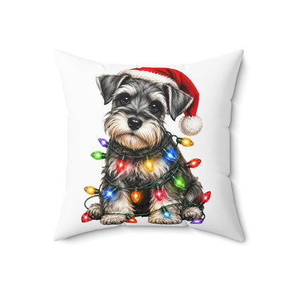 Schnauzer Puppy Christmas Pillow — Festive Dog with Santa Hat & Holiday Lights