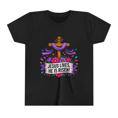 Youth Tee — "Jesus Lives, He Is Risen!" Easter Christian Tee