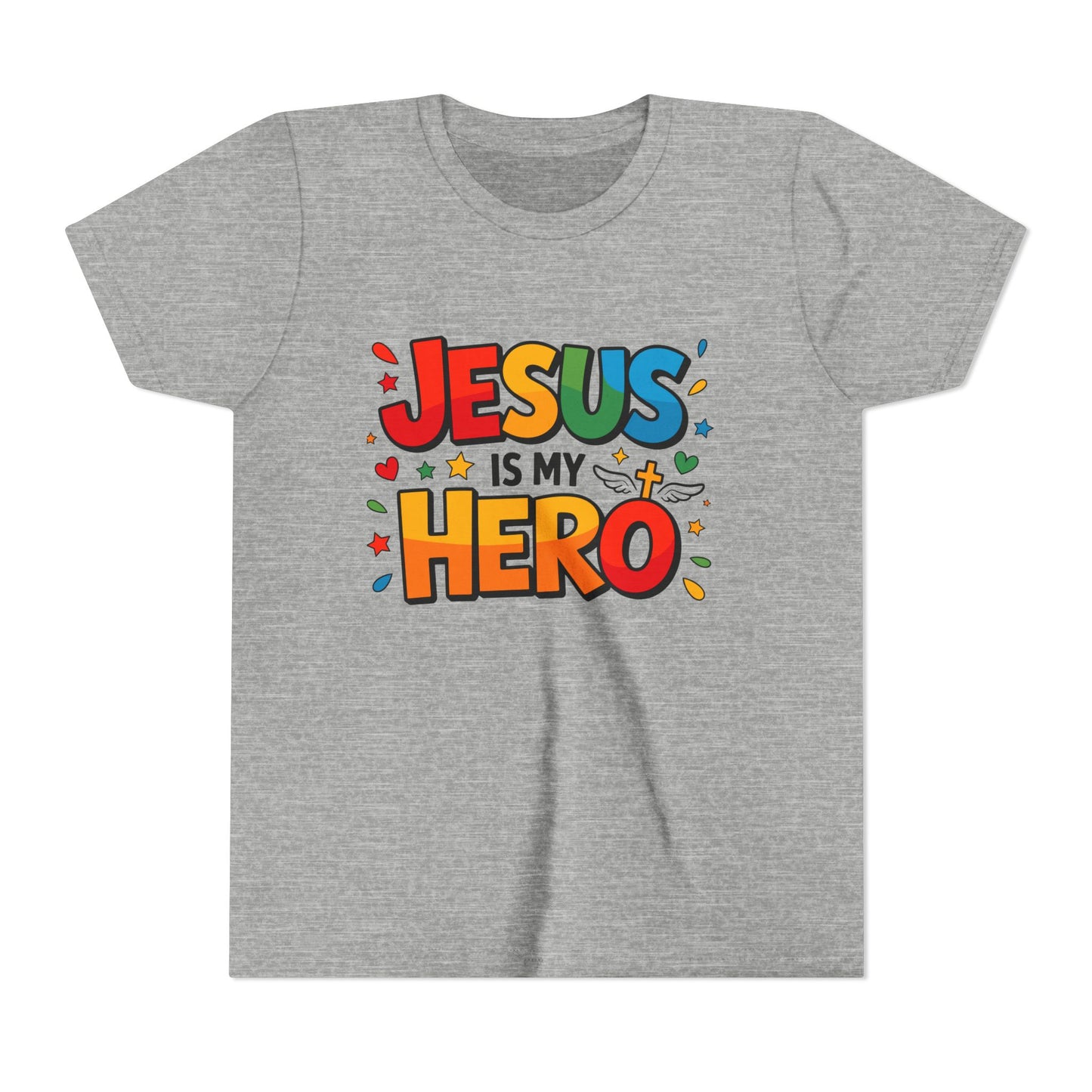 Youth Tee — "Jesus Is My Hero" Colorful Kids Christian T-Shirt