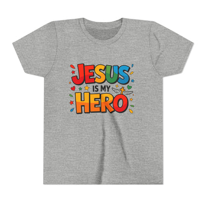 Youth Tee — "Jesus Is My Hero" Colorful Kids Christian T-Shirt