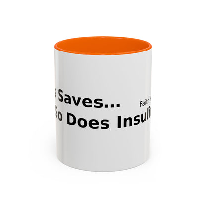 Accent Coffee Mug — “Faith + Medicine: Insulin Saves” Black-Accent Mug (11/15 oz)