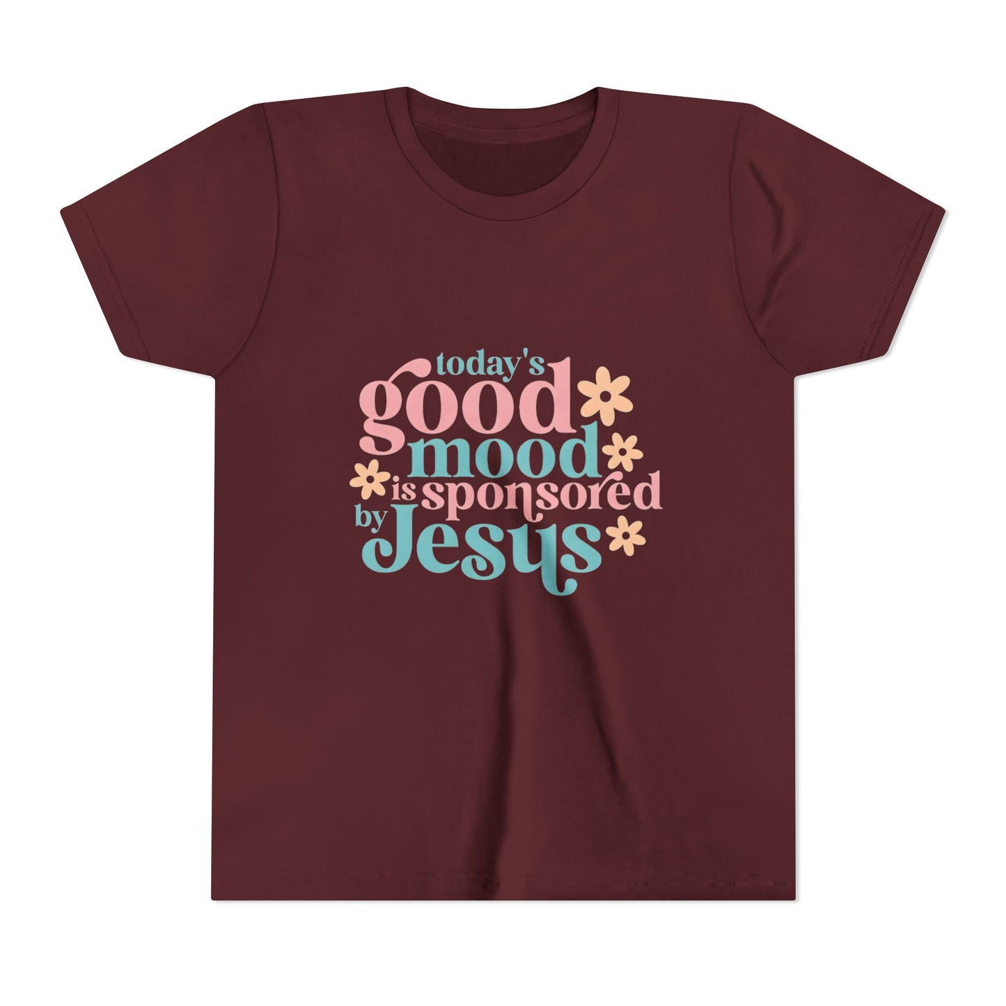 Youth Tee – "Today's Good Mood is Sponsored by Jesus" Retro Floral Christian Shirt
