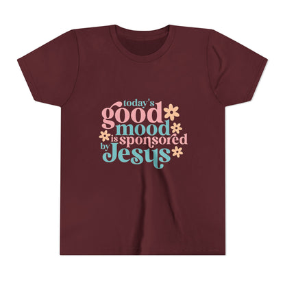 Youth Tee – "Today's Good Mood is Sponsored by Jesus" Retro Floral Christian Shirt