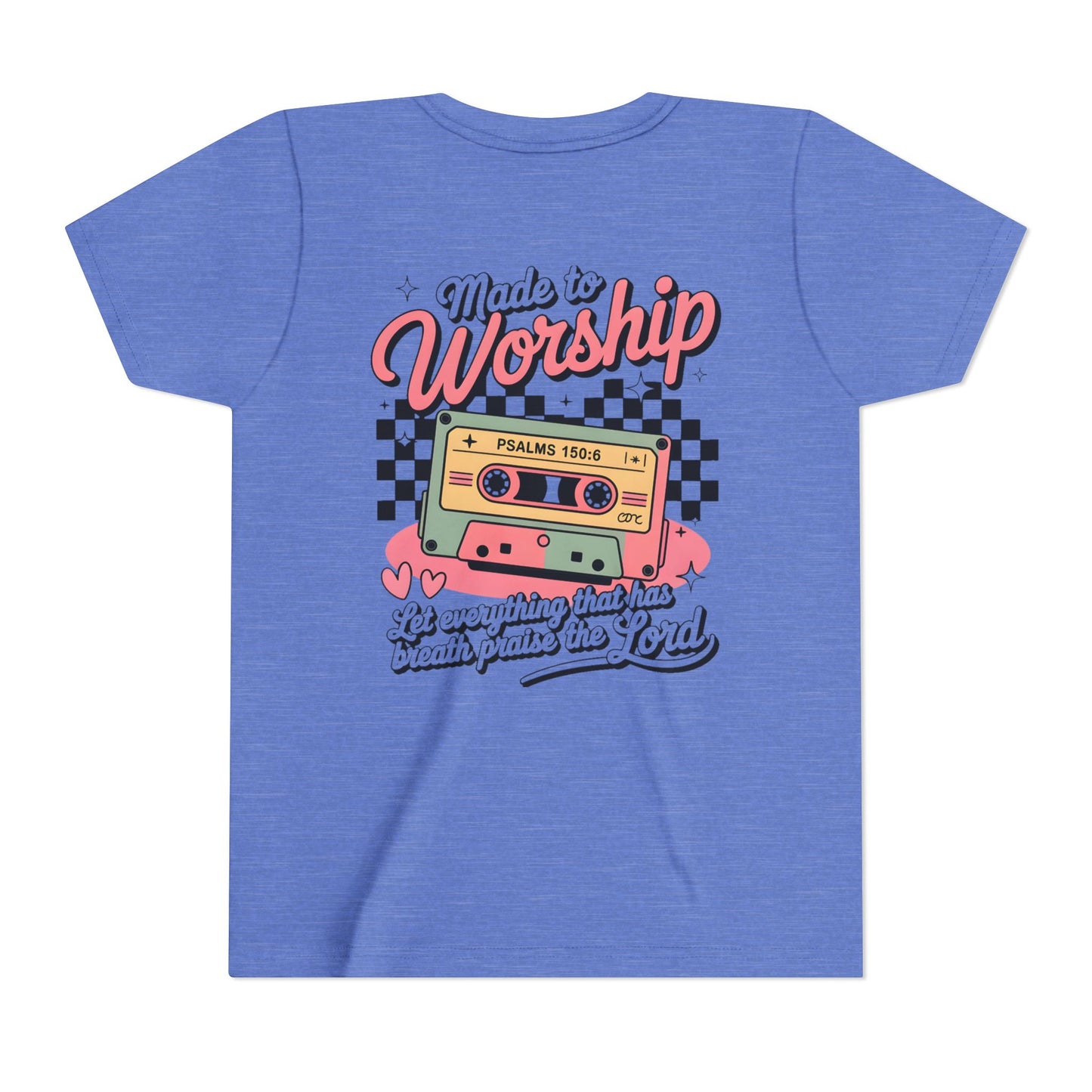 Made to Worship Youth Tee – Retro Cassette Christian Kids Shirt (Psalms 100:4)