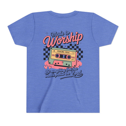 Made to Worship Youth Tee – Retro Cassette Christian Kids Shirt (Psalms 100:4)