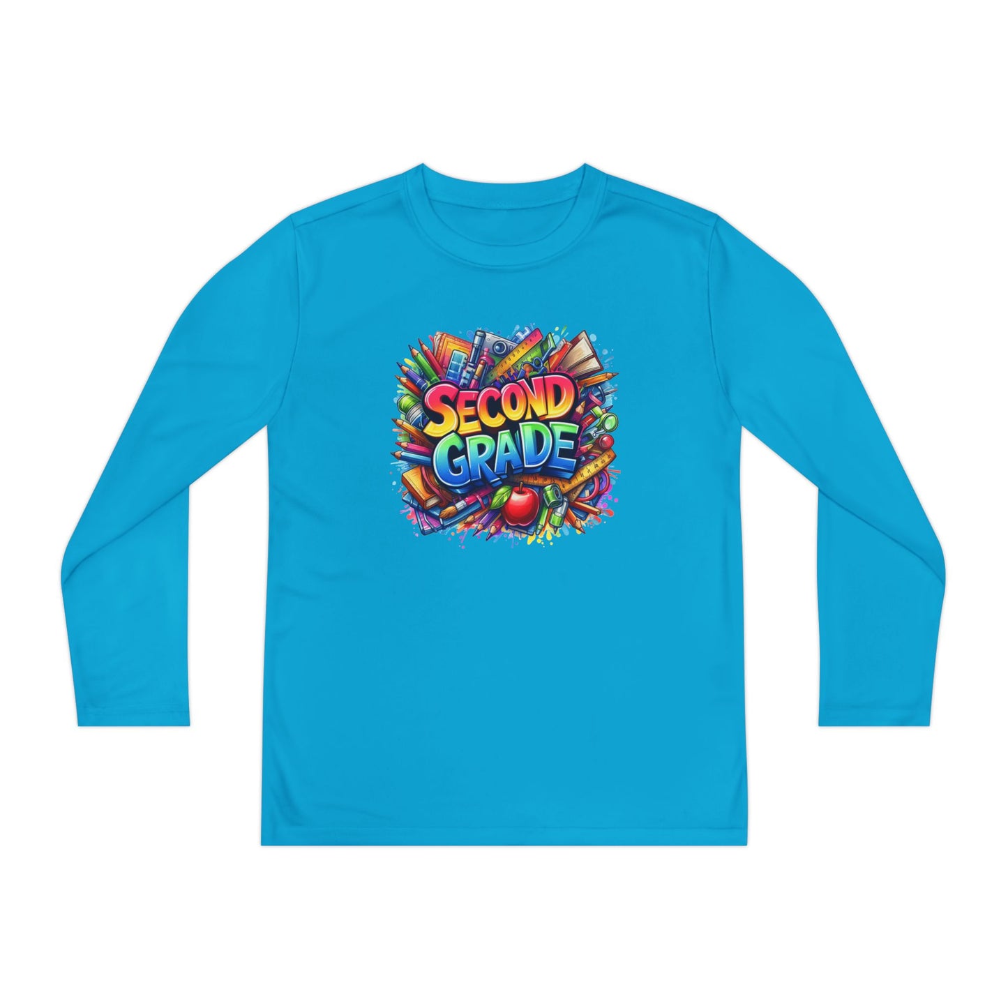 Second Grade Youth Long Sleeve Tee — Colorful School Supplies Back-to-School Shirt