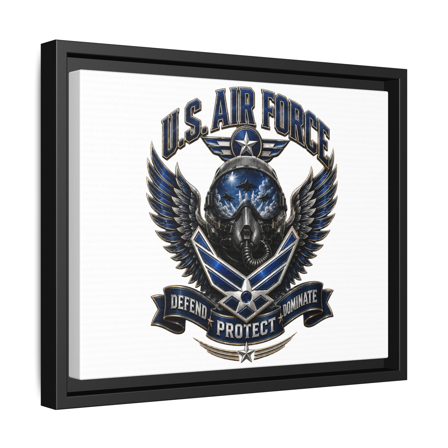 U.S. Air Force Emblem Framed Canvas Print – "Defend Protect Dominate" Military Wall Art