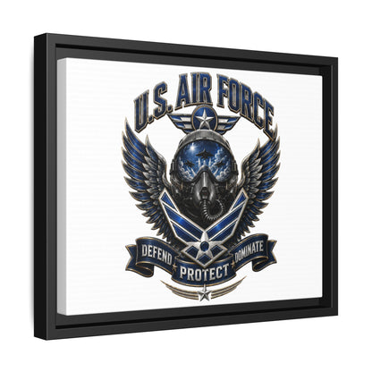 U.S. Air Force Emblem Framed Canvas Print – "Defend Protect Dominate" Military Wall Art