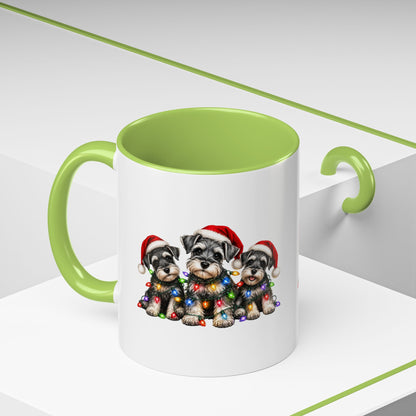 Christmas Puppy Coffee Mug — Cute Schnauzer Trio with Santa Hats & Holiday Lights (11/15oz)