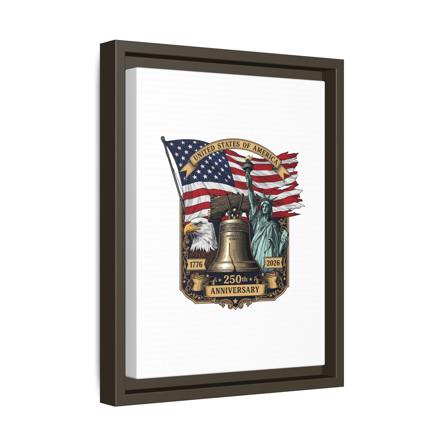 Liberty 250th Anniversary Framed Canvas Print — American Flag, Statue of Liberty & Liberty Bell Art