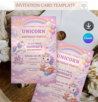 Unicorn Birthday Invitation Template | Editable Kids Magical Party Invite