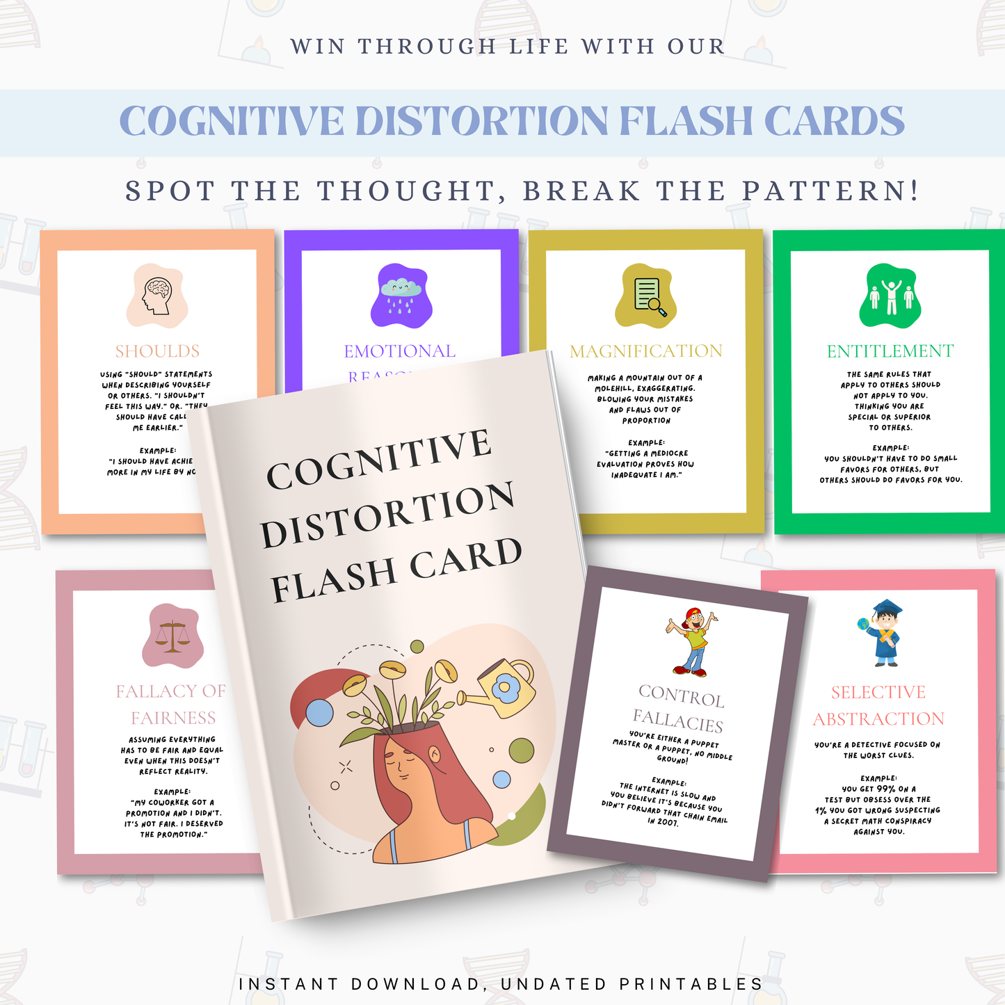 Cognitive Distortion Flash Cards PDF | CBT Thought Cards, Therapy Worksheets, Mental Health Tool, Cognitive Restructuring Guide
