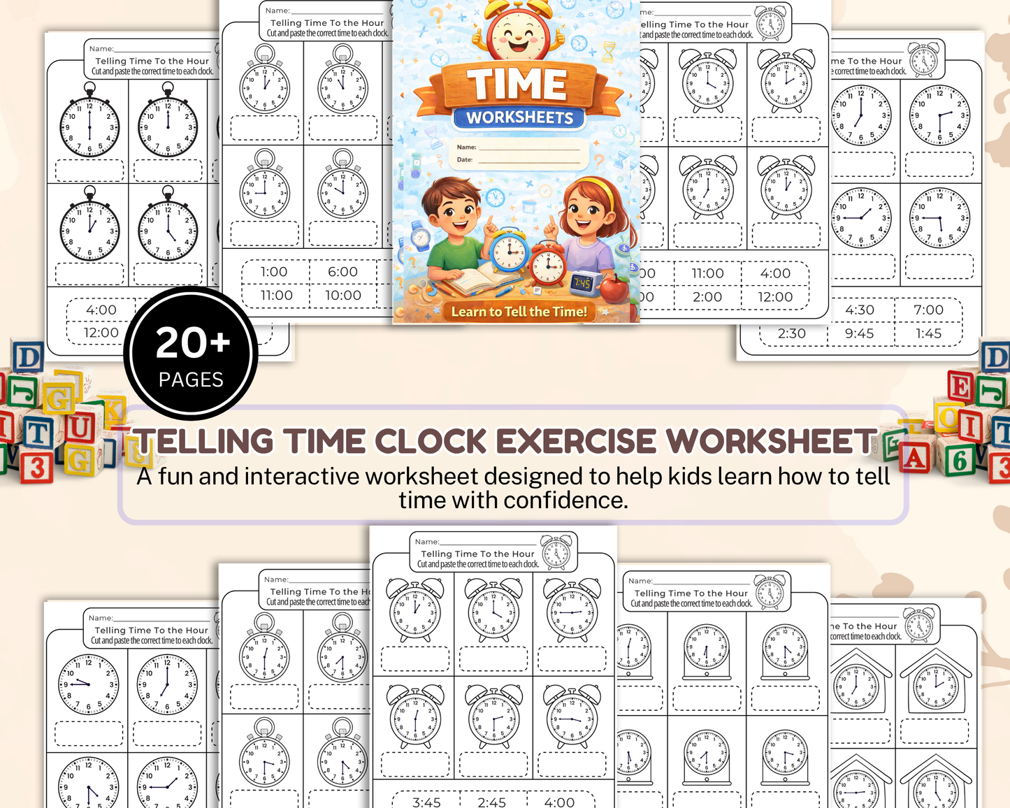 Telling Time Clock Worksheet | Printable Time Learning Exercises for Kids & Beginners