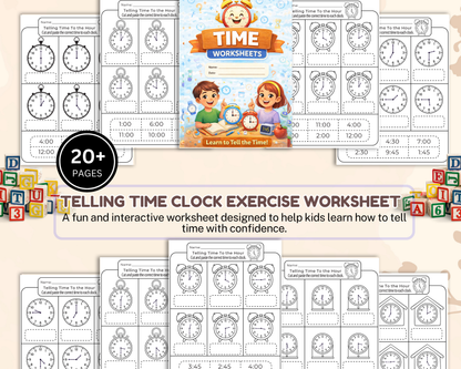 Telling Time Clock Worksheet | Printable Time Learning Exercises for Kids & Beginners
