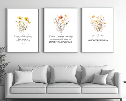 Christian Floral Wall Art Set of 3 | Bible Verse Printable, Feminine Scripture Decor, Boho Neutral Faith Home Wall Prints