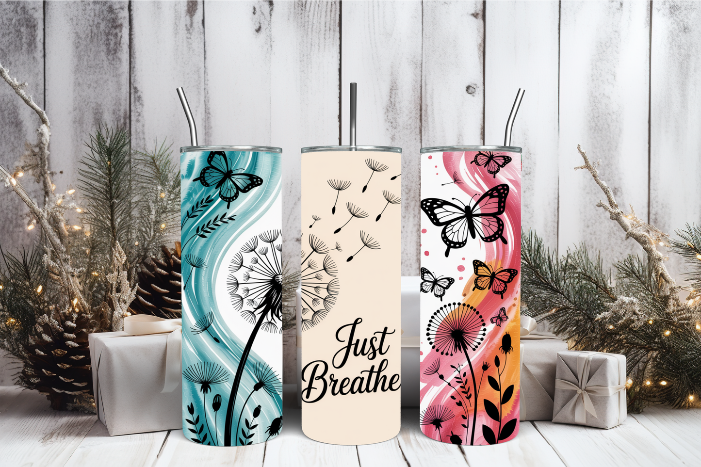 Just Breathe Tumbler Wrap PNG | Motivational Quote Design, 20oz Skinny Tumbler Sublimation, Mindfulness &amp; Self Care Tumbler Template